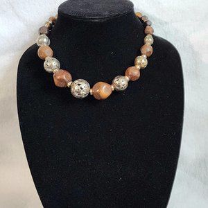 BRIGHTON SILVER TONE CHUNKY WOODEN BEAD GRADUATING ADJUSTABLE NECKLACE
